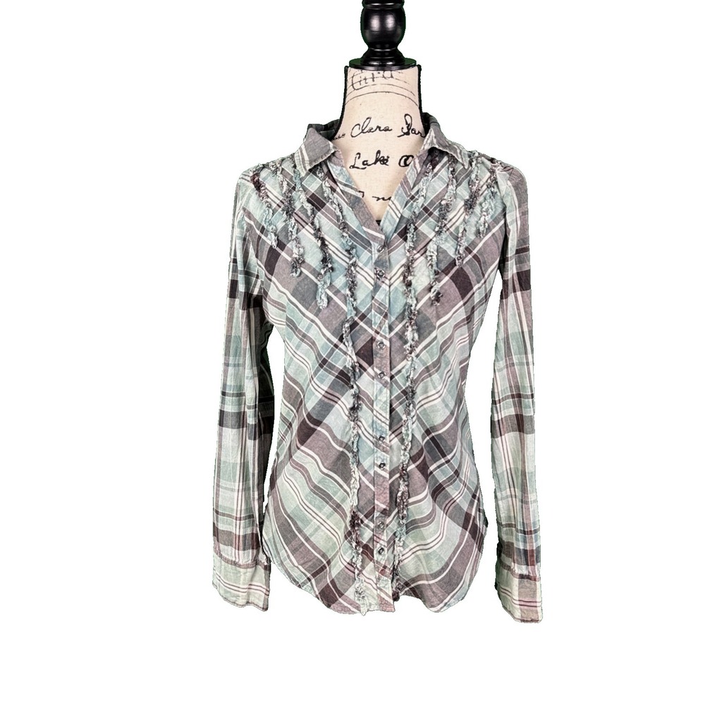 Overdrive Western Fitted Shirt Distressed Plaid Smocked Sz L Country Stagecoach